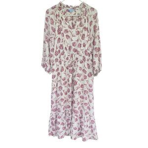 Draper James RSVP Floral Midi Dress Size L White Pink Ruffle Hem Boho Feminine R
